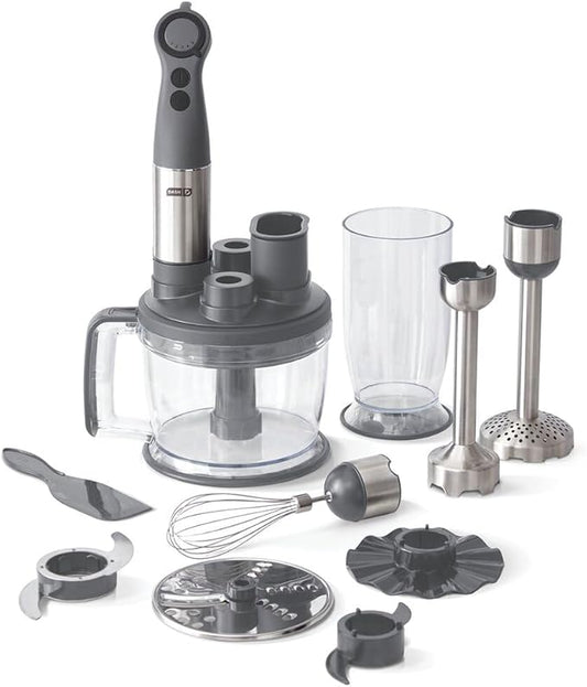 Dash Chef Series Deluxe Immersion Hand Blender, 5 Speed Stick Blender with Stainless Steel Blades, Dough Hooks, Food Processor, Grate, Mash, Slice, Whisk Attachments and Recipe Guide – Cool Grey