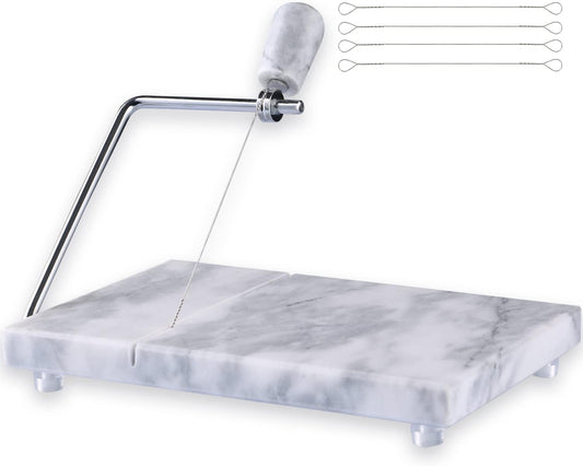 Cheese Slicer, Cheese Cutter Heavy Duty 5" x 8", Polished Marble Cheese Slicer Board for Cut Block Cheeses, Butter, Meats, Other Appetizers (White Grey)