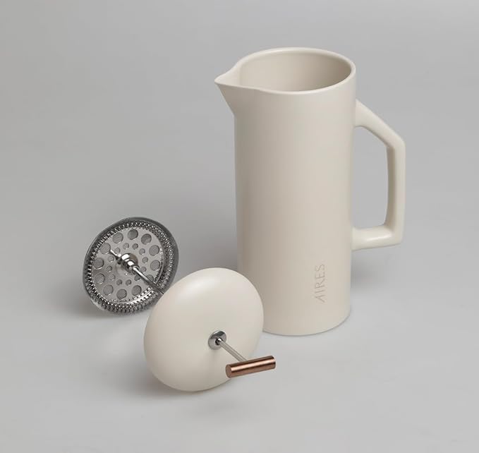 AIRES Ceramic French Press Coffee Maker – 34 oz Heat-Retaining Stoneware – Elegant Neutral Color – Inspired by Buenos Aires Coffee Culture – Gift-Ready with Barista Brewing Guide