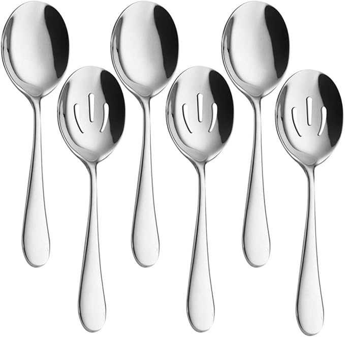 AOOSY Serving Spoons x 3, Slotted Spoons x 3, 8.7 inches Utility Advanced Performance Skimmer Perforated, Stainless Steel Serving Utensils Set for Buffet Can Banquet Cooking Kitchen Basics
