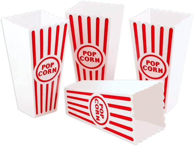 NOVELTY PLACE Plastic Red & White Striped Classic Popcorn Containers for Movie Night - 7.8" Tall x 3.8" Square (8 Pack)