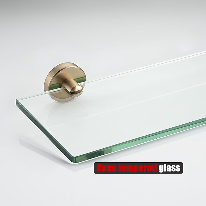 JQK Bathroom Glass Shelf, Tempered Glass Shower Storage 20 by 5 inches, 304 Stainless Steel Champagne Bronze Wall Mount, 2 Pack, TGS101L20-CB-P2