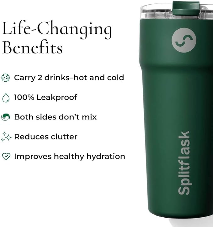 Splitflask 2-in-1 Dual Chamber Tumbler 30oz Hot & Cold Insulated Cup with Straw & Sip Lid, Leak Resistant Stainless Steel Travel Mug for Coffee, Water, Moms, Gym, Work, Car Cup Holder BPA-Free