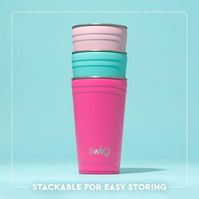 Swig Life 24oz Party Cup, Stackable Insulated Travel Coffee Tumbler with EZ Slider Lid, Cup Holder Friendly Travel, Stainless Steel 24 oz Tumbler, Reusable Mug (Gingham)
