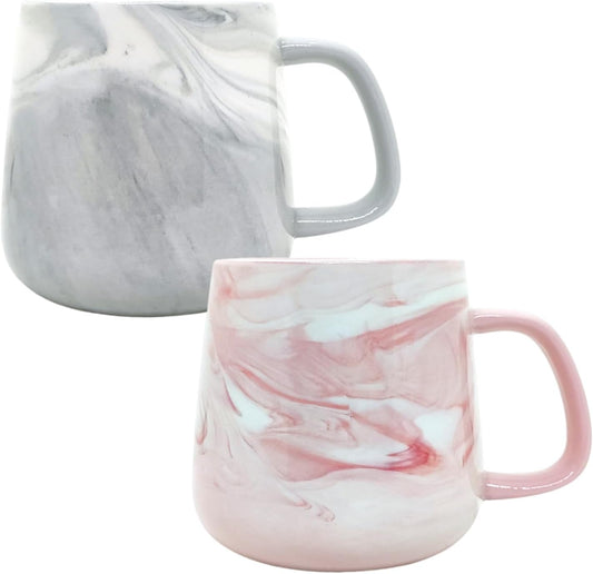 Ceramic Coffee Mug Set of 2, Gray and Pink Marble Pattern Procelain Couple Mugs, Stoneware Matching Cups, Dishwasher Safe, Microwave Safe, 13 oz