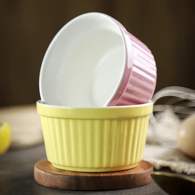 Ramekins 6oz Oven Safe,Creme Brulee Ramekin and Souffle Dishes,Porcelain Baking Bowls,Dipping Sauce Dish.Pudding Cups,Set of 6,Yellow.