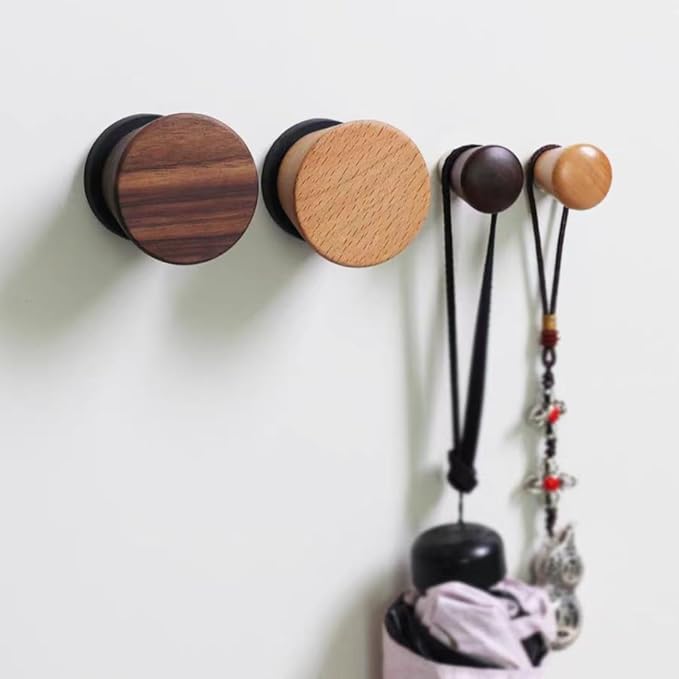 2 PCS Retro Magnetic Hooks, Wrought Iron Wooden Ball Hooks, Creative Punch-Free Storage for Refrigerators, Metal Doors, and Lockers (Beech+Walnut Wood,L)