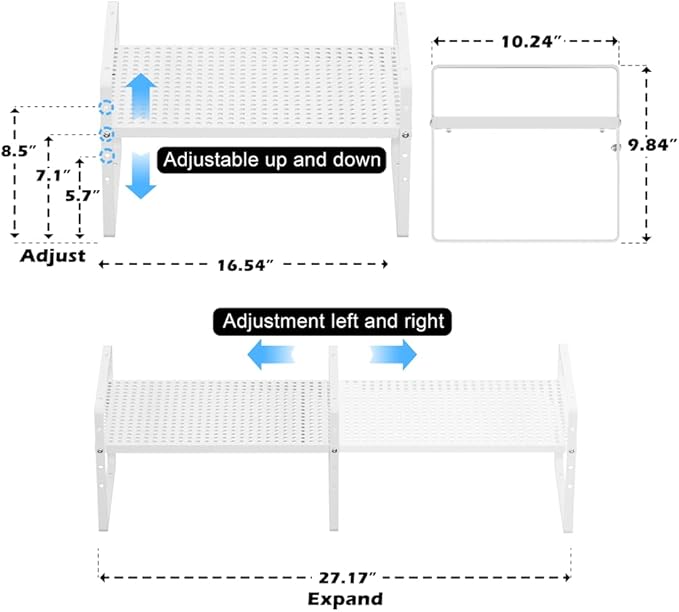 Expandable Counter Organizer Shelf (16.5'' to 27.2''), Countertop Organizer Kitchen Bathroom Pantry Cupboard Home Office for Cups, Dishes, Plates -White