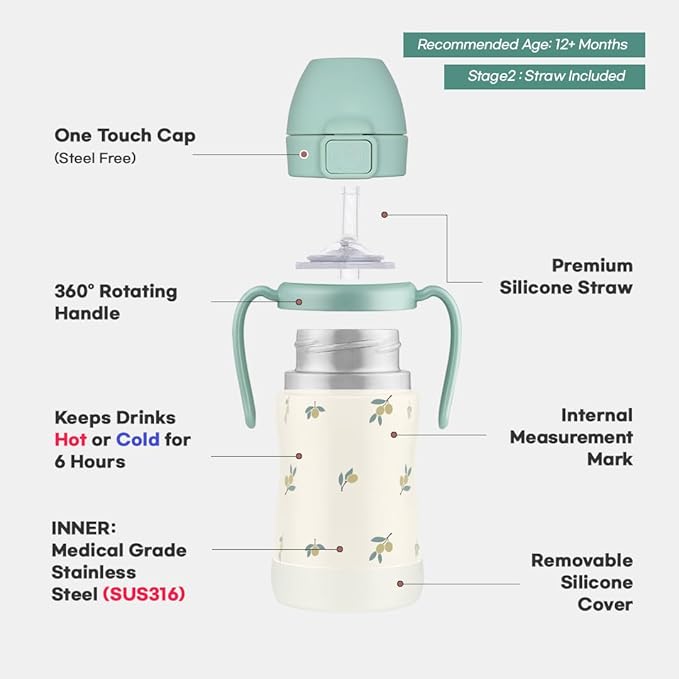 GROSMIMI Insulated 316 Stainless Steel Spill Proof Straw Cup, Water bottle with Flip Top for Toddlers, BPA Free (cherry, 6oz)