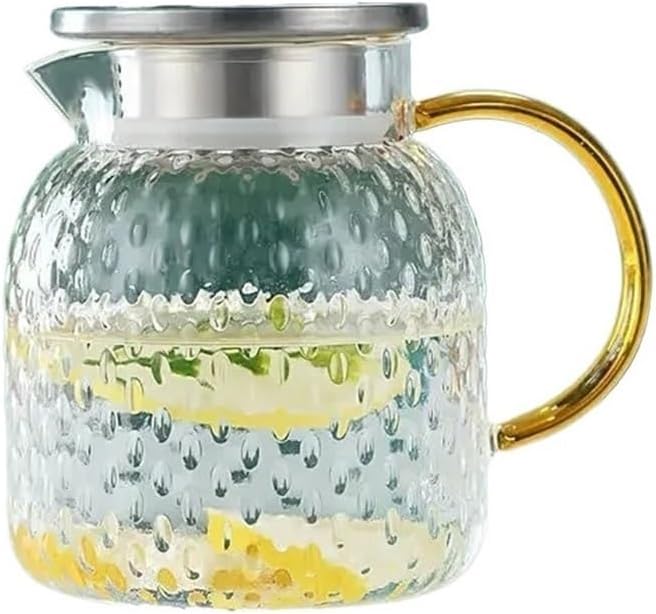 GRFIT Glass Water Pitcher with Filter Lid and Spout Pourer Heat Resistant Glass Jug for Hot and Cold Drinks Tea Bottle Ice Cream Homemade Water Jug (1.5L)