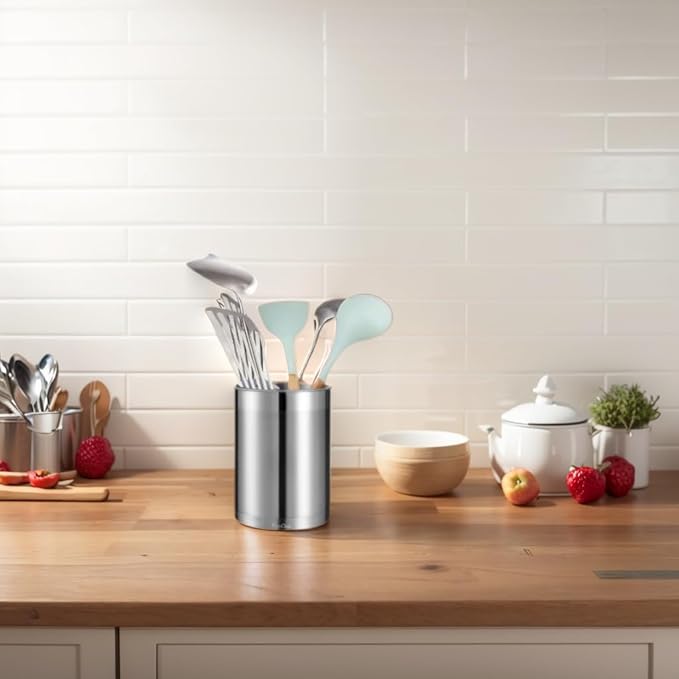 KSENDALO Stainless Steel Utensil Holder for Counter, Brushed Metal Utensil Crock Canister for Cooking Utensils on Countertop, with Heavy Base, Dishwasher Safe,Silver