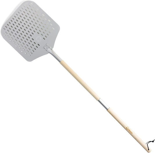 Chef Pomodoro Perforated Pizza Peel Aluminum, 12 x 14-Inch, with Detachable Wood 49-Inch Long Extendable Handle for Easy Storage, Gourmet Luxury Pizza Paddle for Baking Homemade Pizza Bread