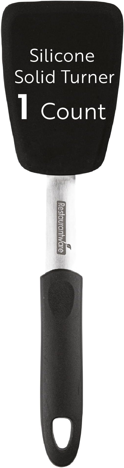 Comfy Grip 13.3 x 4 Inch Silicone Turner, 1 Durable Cooking Turner - Stainless Steel Body, Rubber Handle with Hole, Black Silicone Flipper Spatula, Tolerates up to 446F, Dishwashable - Restaurantware