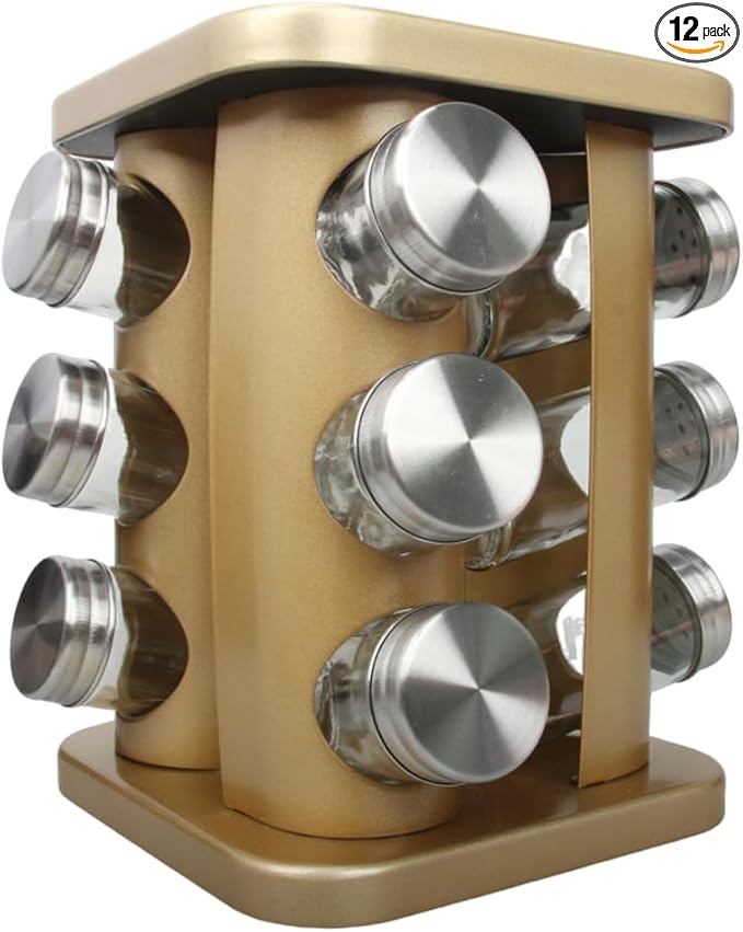 Revolving Spice Rack Organizer with 12 Jars, Countertop Spice Seasoning Rack Tower with 12 Glass Bottles Refillable for Kitchen Cabinet, Stainless Steel, Silver
