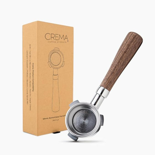 CREMA Coffee Products 58mm Bottomless Naked Portafilter | Compatible with 58mm for E61 | Includes Double Shot Filter Basket | Walnut