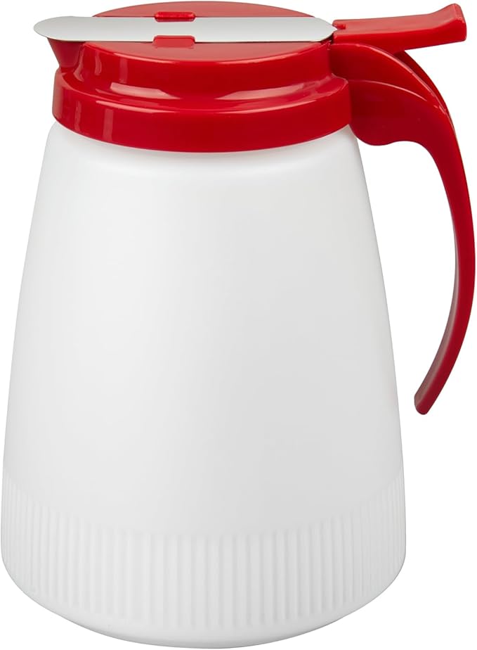 Restaurantware-Chef 101 48 Ounce All Purpose Syrup Dispenser, 1 Honey Dispenser - Red Top, Stainless Steel Slide Cover, Plastic Pancake Syrup Bottle, Perfect For Diners, Restaurants, Home