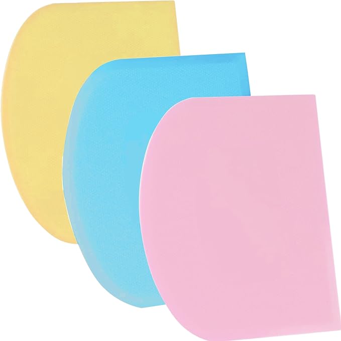 SURDOCA Dough Scraper Bench Scraper - 3P 10.6x6.7" Plastic Flexible Bowl Scraper, Sharp Edge & Angles Cake Scraper. Non-Slip Bakeware Decorating Tools Sculpting & Modeling Tools - Blue+Yellow+Pink
