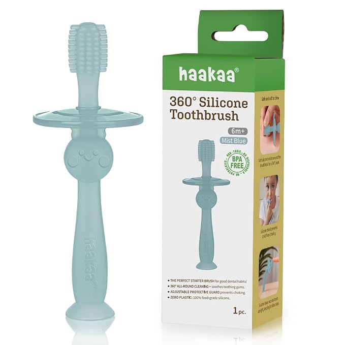 haakaa 360° Silicone Baby Toothbrush – 100% Soft Food Grade Silicone, BPA-Free, Suction Base, Safe for Babies 6 Months+, Gentle Gum and Teeth Cleaning for Infants, Gum Massager (Mist Blue)