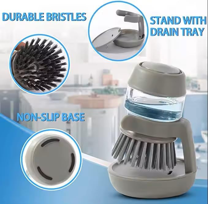Soap Dispenser Palm Dish Brush with Storage Bracket – Drainage Base, Easy-to-Clean Kitchen Utensil Cleaner | Includes Extra Soft Bristle Brush (Green)