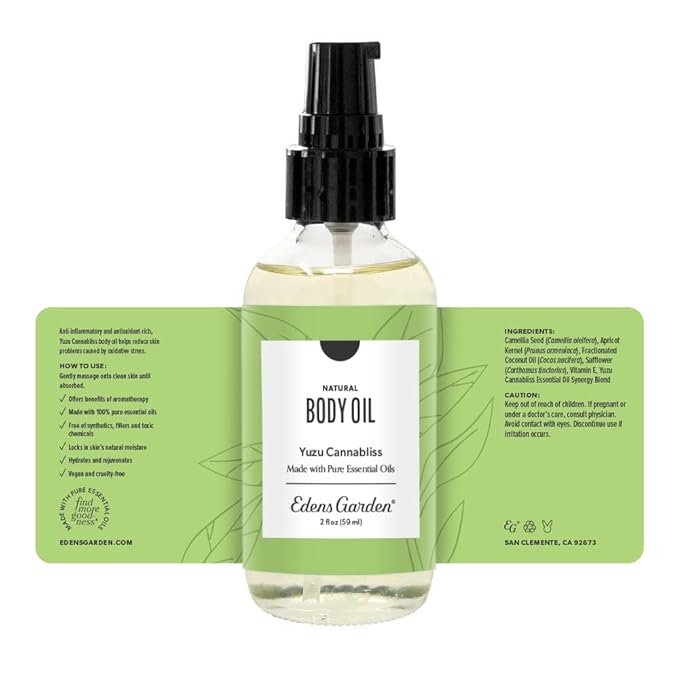 Edens Garden Yuzu Cannabliss Bath & Body Oil – Citrus Blend with Pure Essential Oils & Vitamin E for Moisturizing Dry Skin – Natural Uplifting Aromatherapy Scented Oil for Men & Women, 2 fl oz (59 ml)