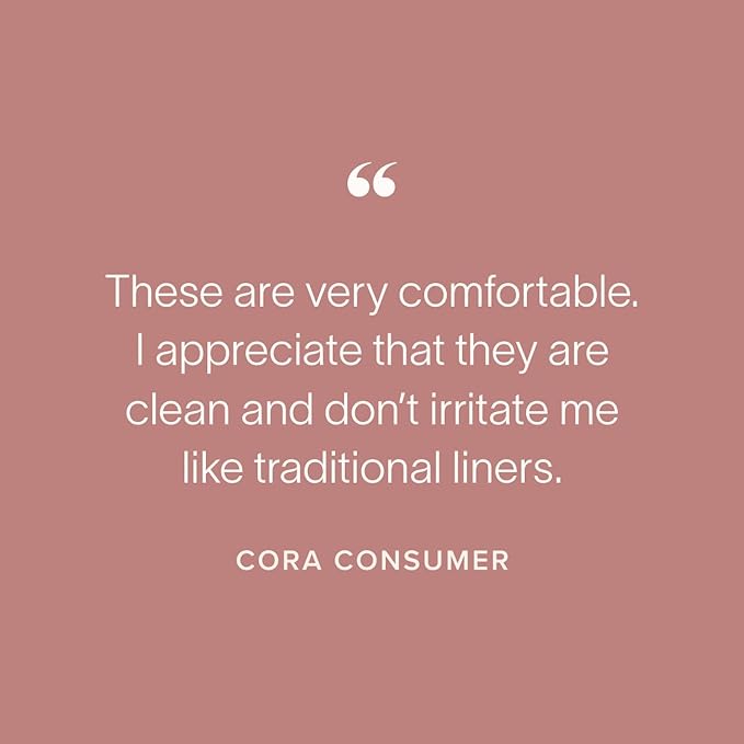 Cora Period Long Liners | 100% Organic Cotton Topsheet | Ultra Thin, Quick Absorbency | Hypoallergenic | Dermatologically Tested | Unscented, No Wings (144 Long Liners)