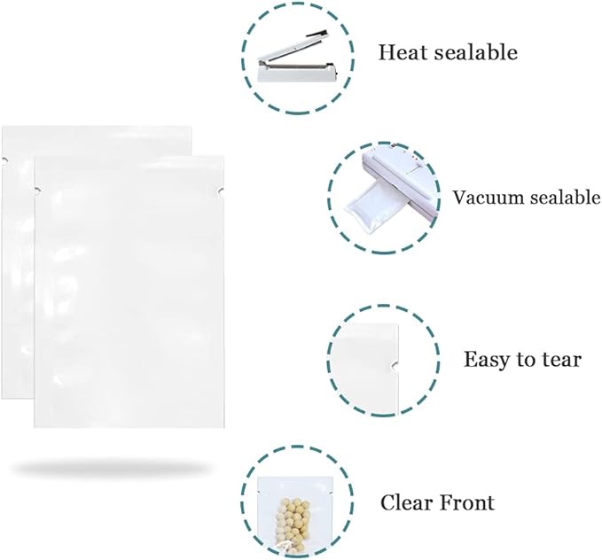 PABCK 300 Pack 4.7x7.1 inch(Usable Size 4.3x6.7 inch) White Clear Front Open Top 2.8mil Plastic Vacuum Pouch Heat Sealable Bags for Food Storage Packets Mini Sample with Tear Notches