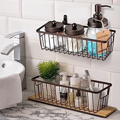 Farmhouse Metal Wire Bin Basket with Handle - Small, 4 Pack - Rustic Home Storage Organizer for Cabinets,Pantry,Closets,Cupboards, Shelves,Countertops,Bathroom Vanity,Kitchen,Bedroom (Bronze)