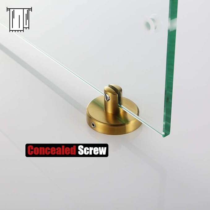 JQK Bathroom Glass Shelf, Shelf with 29 Inch Towel Bar Tempered Glass Shower Storage 30 by 5 inches, 304 Stainless Steel Brushed Gold Wall Mount, TGS100L30-BG