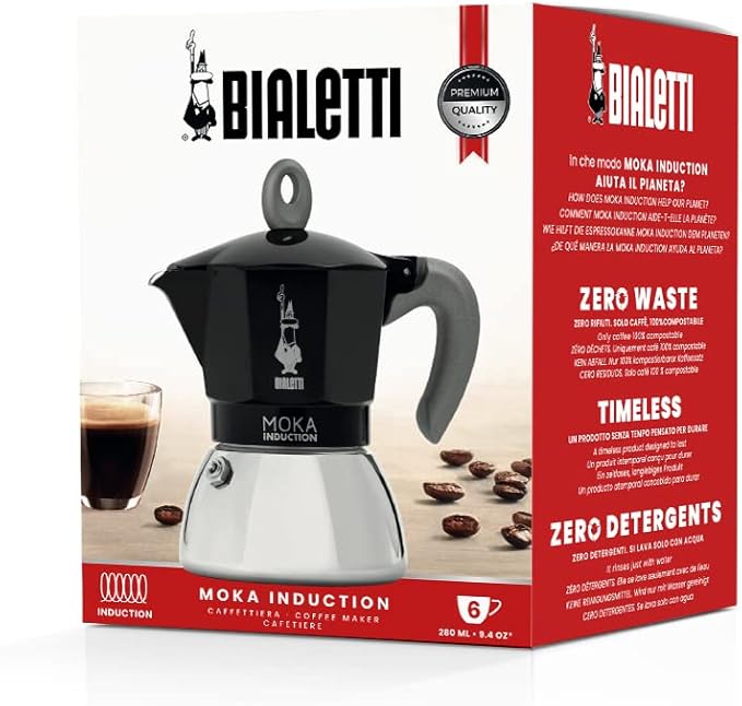 Bialetti - Moka Induction, Moka Pot, Suitable for all Types of Hobs, 6 Cups Espresso (9.4 Oz Espresso), 280 ml, Black