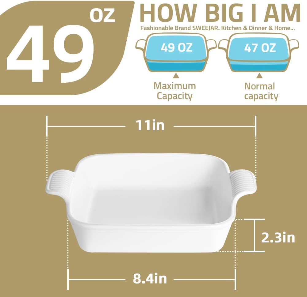 Sweejar Ceramic Baking Dish, 8 x 8 Cake Baking Pan for Brownie, Porcelain Square Bakeware with Double Handle for Casserole, Lasagna, Family Dinner (Dark Turquoise)