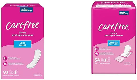 Carefree Panty Liners, Long Unwrapped 92ct & Regular Wrapped 54ct (Packaging May Vary)