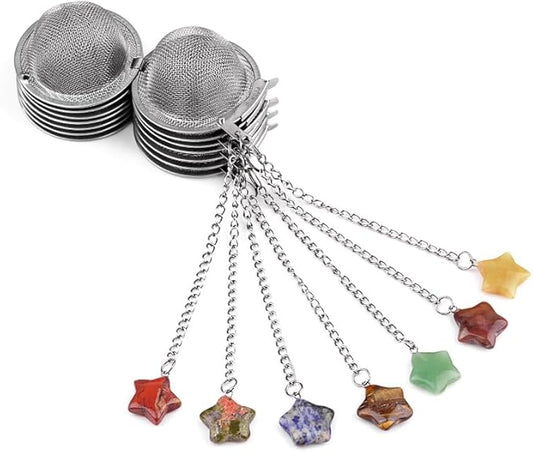 5 Pcs Tea Filter Stainless Steel with Star Crystal Energy Stone Tea Strainers with Fine Mesh Extend Chain Hook Tea Ball Infuser for Loose Tea Leaves Spices Seasonings