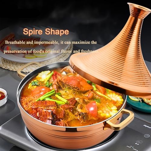 Large Stainless Steel Moroccan Tagine Pot - Non-Stick Casserole with Cone-Shaped Lid & 2 Handles, 30cm/11.8in, Elegant Gold Finish for Authentic Moroccan Cooking