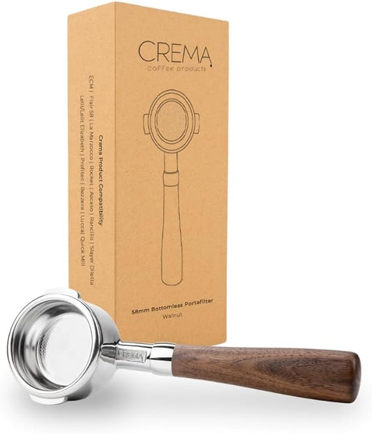 CREMA Coffee Products 58mm Bottomless Naked Portafilter | Compatible with 58mm Breville Machines | Includes Double Shot Filter Basket | Walnut