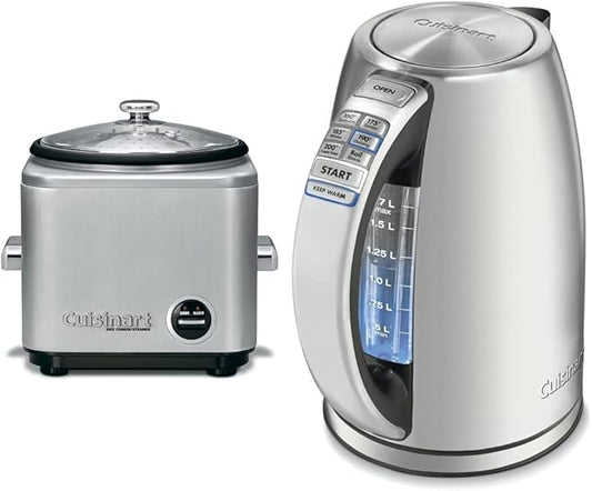 Cuisinart 8-Cup Rice Cooker, Silver & Electric Kettle, 1.7-Liter Capacity, Cordless 1500-Watts for Fast Heat Up, Stay Cool Non-Slip Handle, Stainless Steel, CPK-17P1