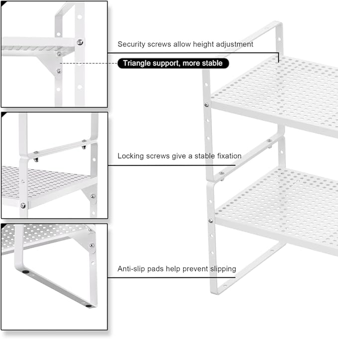 Expandable Cabinet Shelf Rack, Large Kitchen Cupboard Organizer Stackable Cabinet Pantry Shelf, Organization and Storage for Kitchen Bathroom, Metal Plate, White, 3 Pack