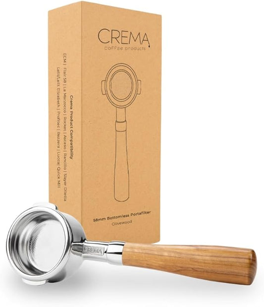 CREMA Coffee Products 58mm Bottomless Naked Portafilter | Compatible with 58mm for E61 | Includes Double Shot Filter Basket | Olivewood