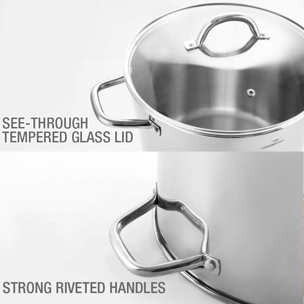 HOMICHEF 10 Quart Stock Pot With Glass Lid - Nickel Free Stainless Steel 10 Qt Pots With Handle - Mirror Polished StockPot 10 Quart - Induction Cooking Pots With Lid - Healthy Soup Pot