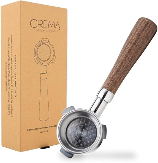 CREMA Coffee Products 54mm Bottomless Naked Portafilter | Compatible with 54mm Breville Machines | Includes Double Shot Filter Basket | Walnut