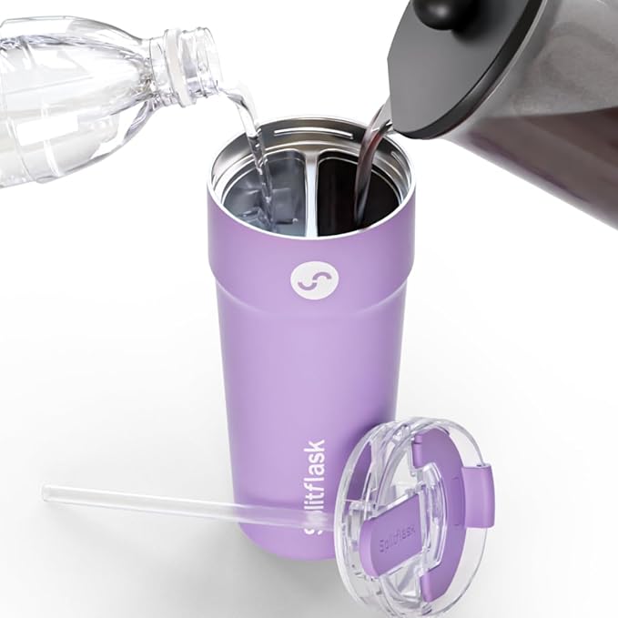 Splitflask 2-in-1 Dual Chamber Tumbler 30oz Hot & Cold Insulated Cup with Straw & Sip Lid, Leak Resistant Stainless Steel Travel Mug for Coffee, Water, Moms, Gym, Work, Car Cup Holder BPA-Free