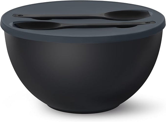 10" Large Salad Bowl with Sealing Lid & Serving Utensils,135Oz, Black Big Bamboo Fiber Salad Serving Bowl with Servers for Mixing/Serving (Silicone Dark Grey Lid)