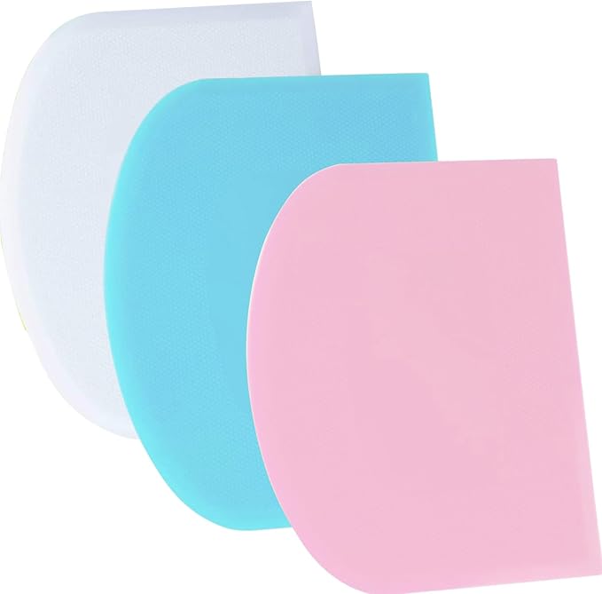 SURDOCA Dough Scraper Bench Scraper - 3P 14.2x8.5" Plastic Flexible Bowl Scraper, Sharp Edge & Angles Cake Scraper. Non-Slip Bakeware Decorating Tools Sculpting & Modeling Tools - Blue+White+Pink