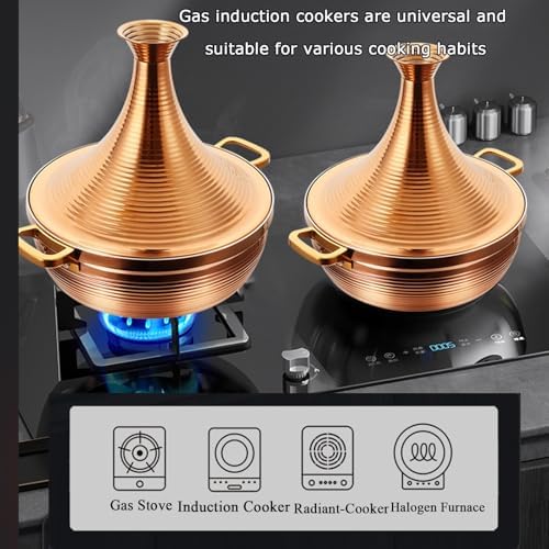 Large Stainless Steel Moroccan Tagine Pot, 30cm Non-Stick Casserole with Cone Lid & 2 Handles, Elegant Gold Tajine Cookware for Authentic Moroccan Cooking