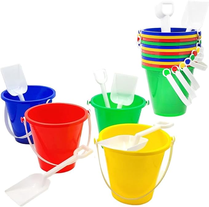The Dreidel Company Beach Day Playsets (Pack of 12) 5.25" Sand Bucket Play Set Box Includes, Pail & Shovel Sand Toy for Boys and Girls Birthday Party Favor