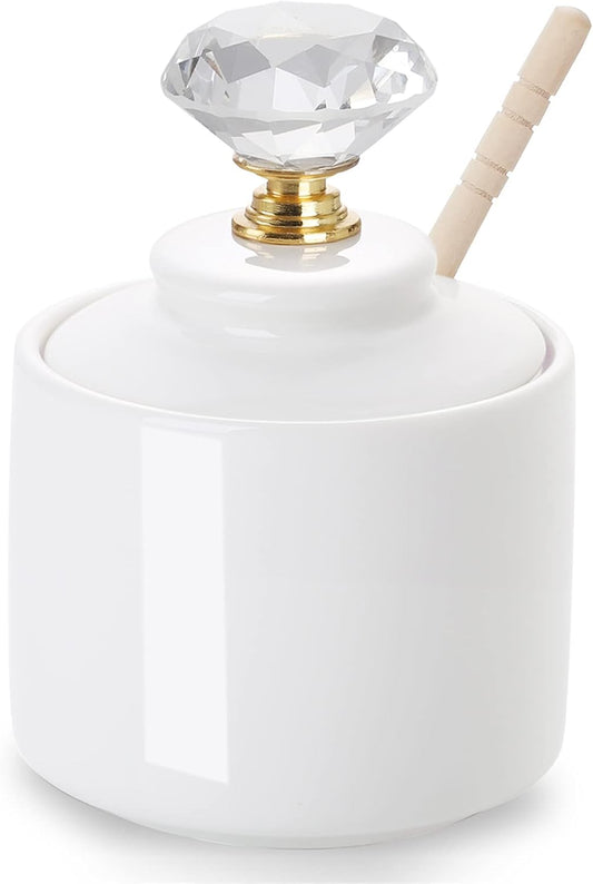 Ceramic Honey Jar with Dipper and Crystal Lid, Small Honey Pot for Home Kitchen, 8oz (Gold)
