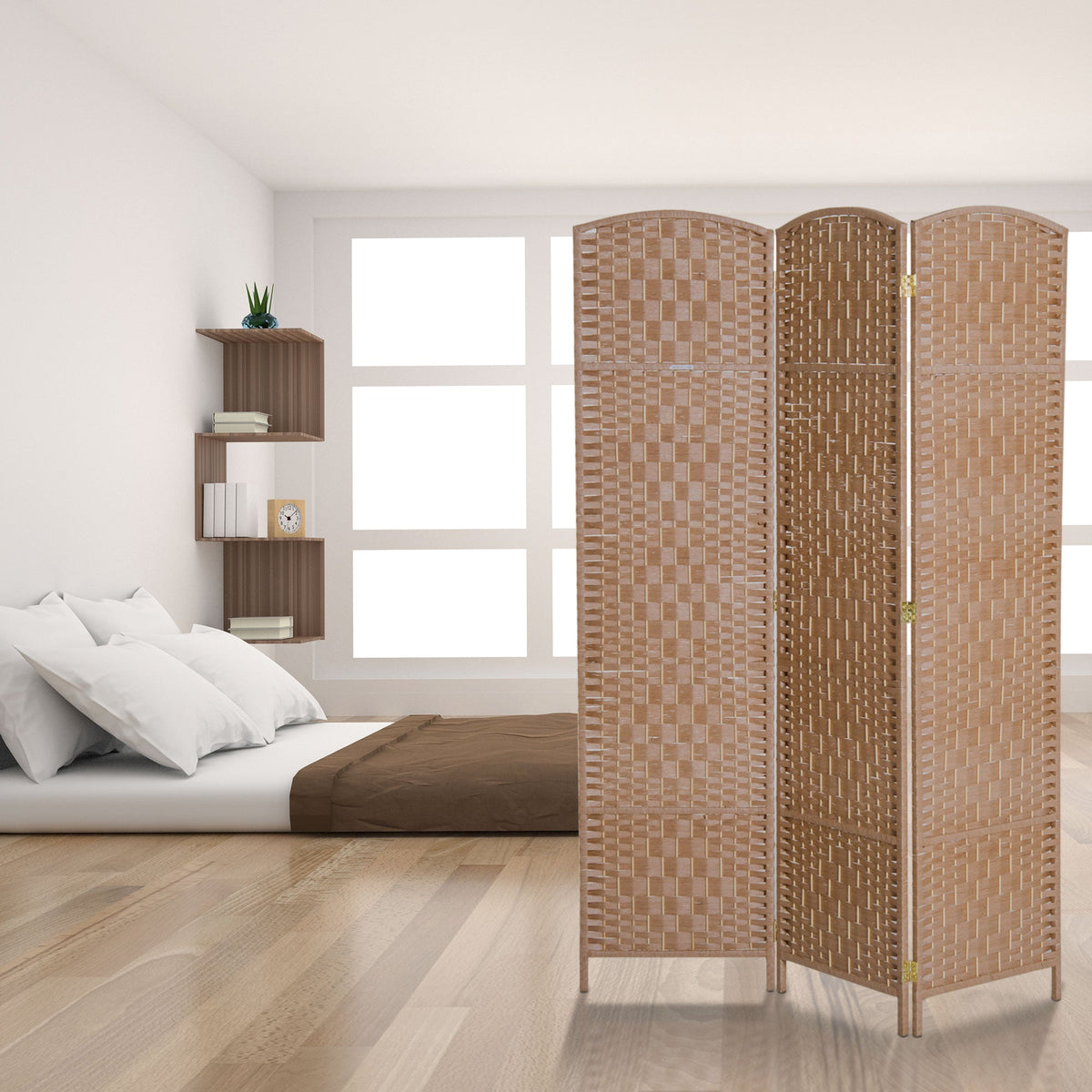 6' Tall Wicker Weave 3 Panel Room Divider Wall Divider, Natural Wood