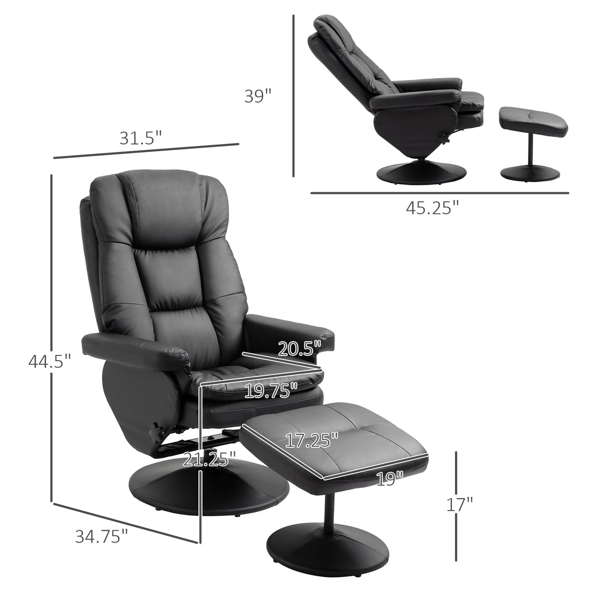 PU Leather Recliner Chair with Ottoman, Swivel Recliner and Ottoman with Round Wrapped Base for Living Room, Black