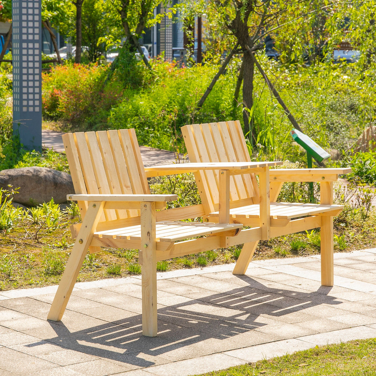 Patio Bench, Garden Bench with Middle Table and Umbrella Hole, Wooden Outdoor Bench for Patio, Porch, Poolside, Balcony, Natural
