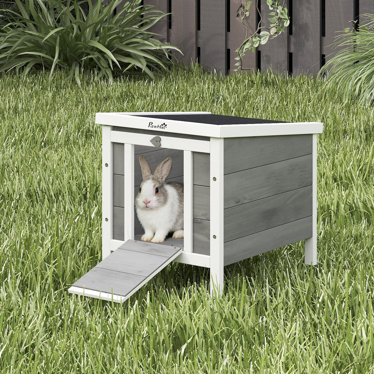 Small Wooden Rabbit Hutch Bunny Cage Guinea Pig Cage Duck House Dog House with Openable & Waterproof Roof, for Rabbits, Chickens, Ducks, Gray