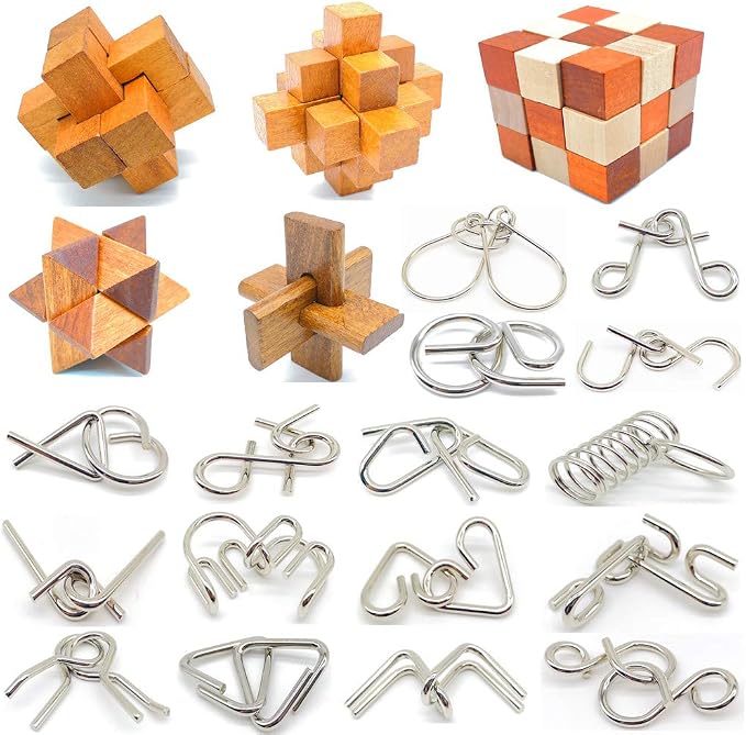 Guaishou Brain Teasers with The Puzzles 21Pcs Unlock Interlock Game IQ Test Toy 3D Wooden and Metal for Party Favor Kids Adults Challenge